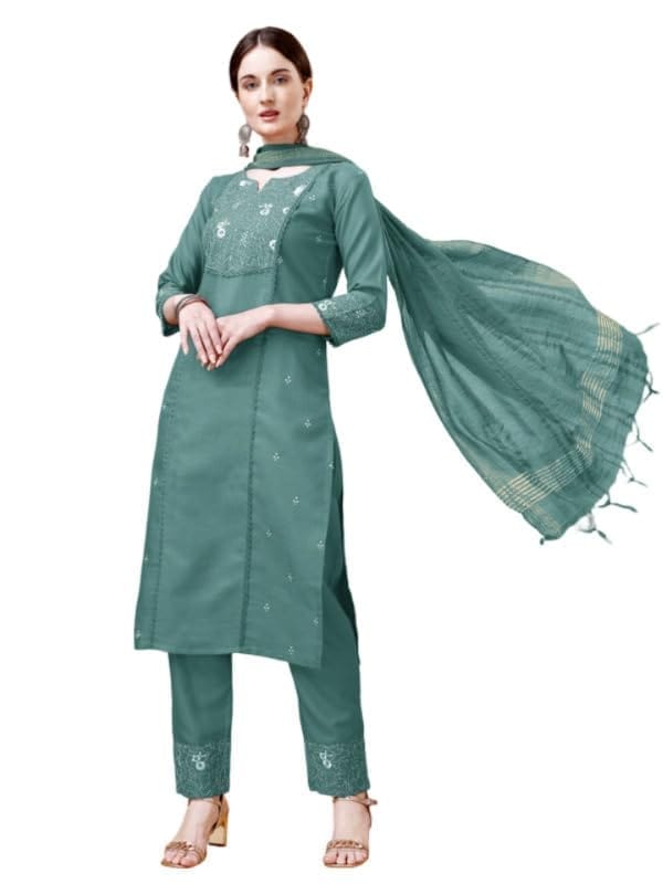 Women's Casual 3-4 th Sleeve Embroidery Cotton Kurti Pant Dupatta Set (Teal, S)-PID50287