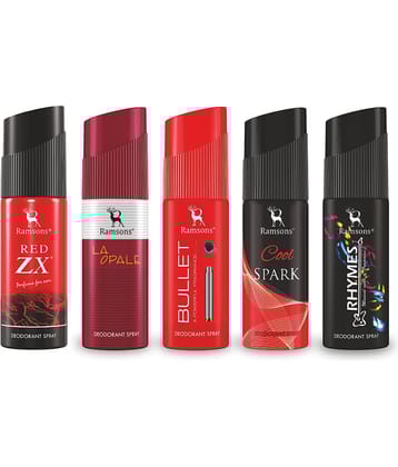 Ramsons - Red ZX, LA OPALE, BULLET, COOL SPARK & RHYMES Deodorant Spray Combo 40ml each (Pack of 5)