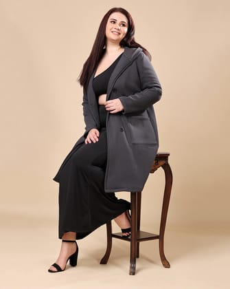 Grey Solid Double Breatsed Coat-L / Grey