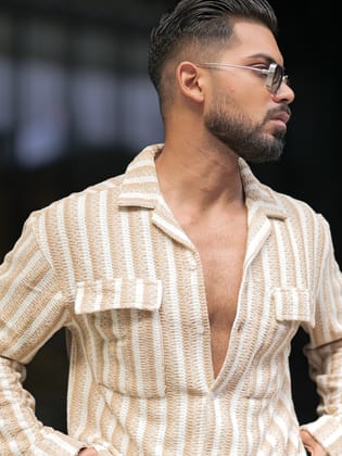 Desert Stripe Beige Full Sleeve Shirt-S / Beige