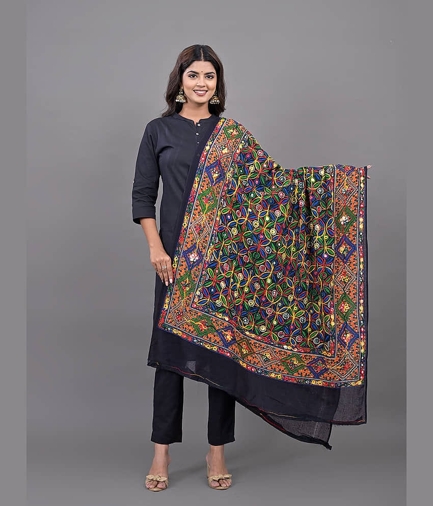 Anjaneya Creations Black Cotton Women's Dupatta - ( Pack of 1 )