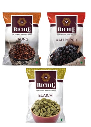Richie Whole Spices Combo Pack - Black Pepper, Green Cardamom & Cloves, 50 gm Each - Pack of  3