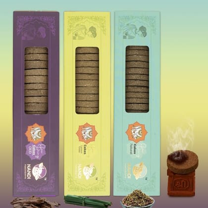 Nandi Panchgavya 100 Percent Desi Cow Dung Cake Kande (63 Pcs) (Oud, Lemongrass, Natural Fragrance-Pack of 3)