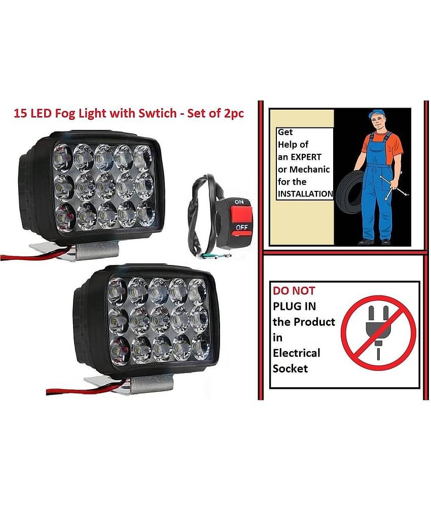 15 LED Fog Lights With Switch For Bikes and Cars High Power, Heavy Clamp and Strong ABS Plastic (Set 2)