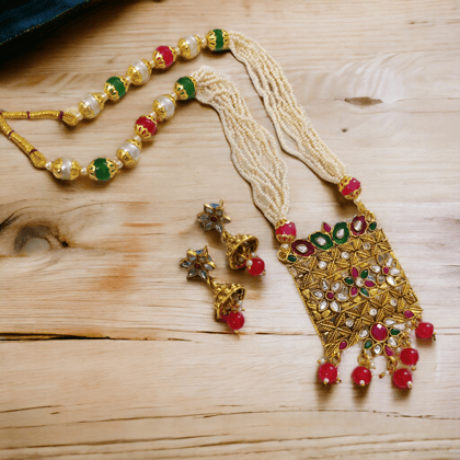 Square Multicolor Polki Kundan Moti Mala-Multicolor / Gold Plated / Free Size