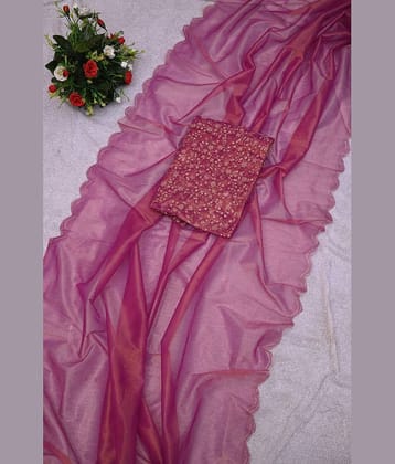 A TO Z CART Organza Solid Saree With Unstitched Blouse Piece ( Wine )