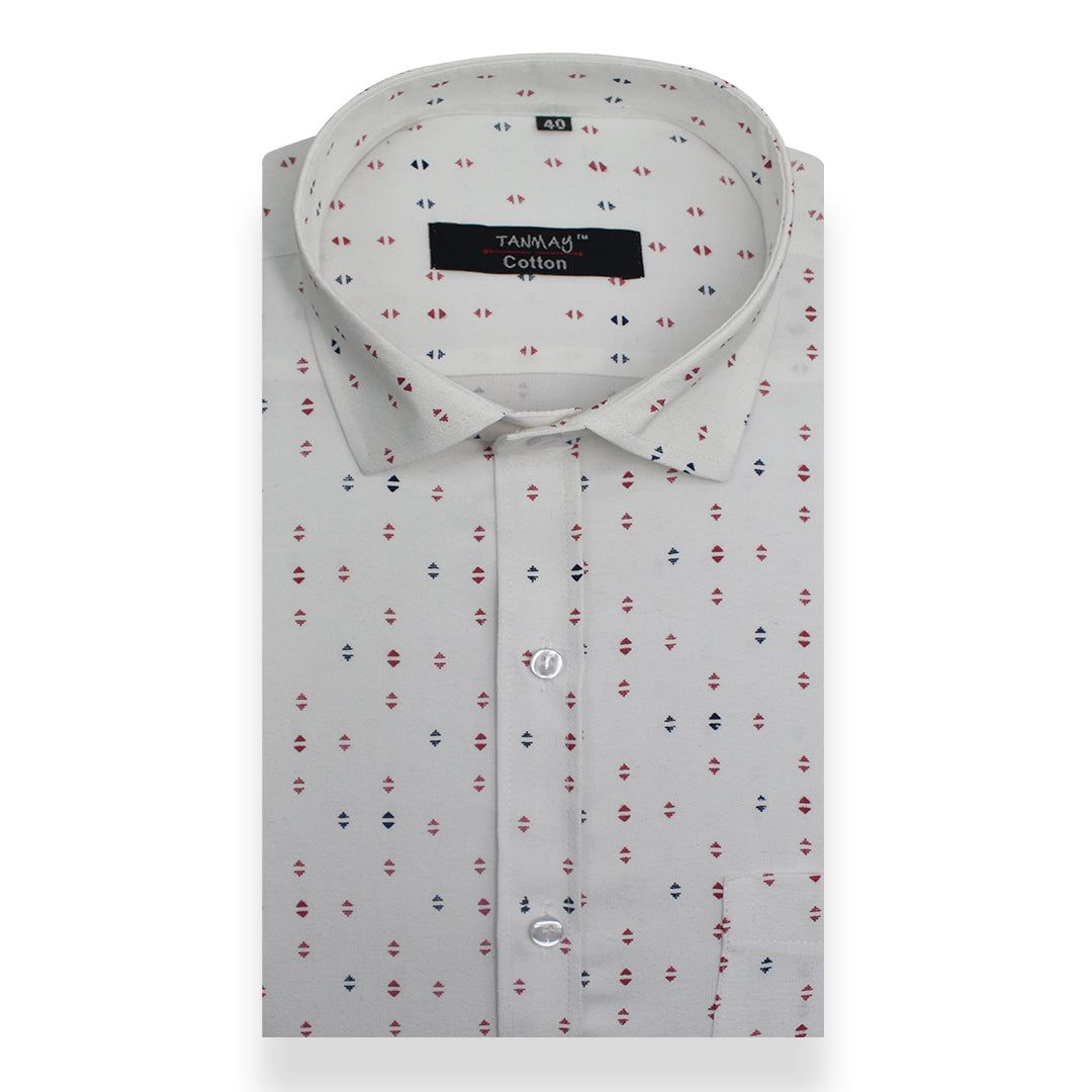 White Red Triangle Printed Cotton Shirt For Men's-M (38 Inch) (98 CM) / Full