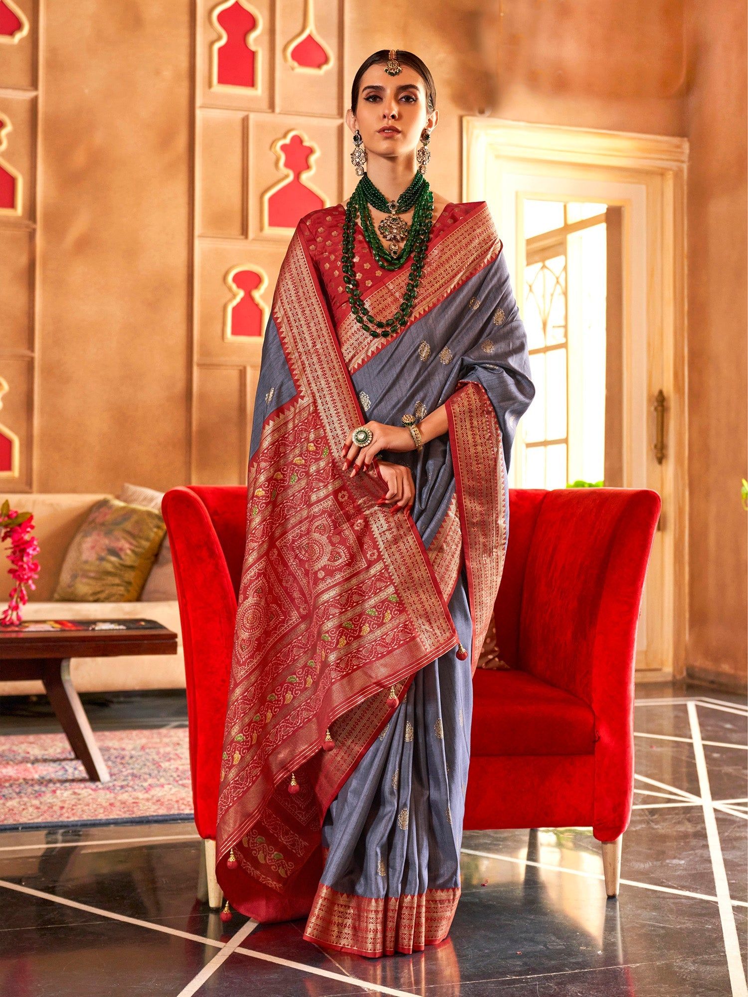 Grey Soft Silk Printed Patola Saree
