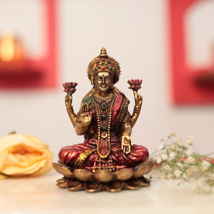 Shubh Lakshmi Kamaatmika Idol in 4 Inches-H - 4 inches / Red And Golden / Resin (Marble Dust)