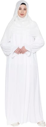 Pleated White Abaya - With Hijab-Small