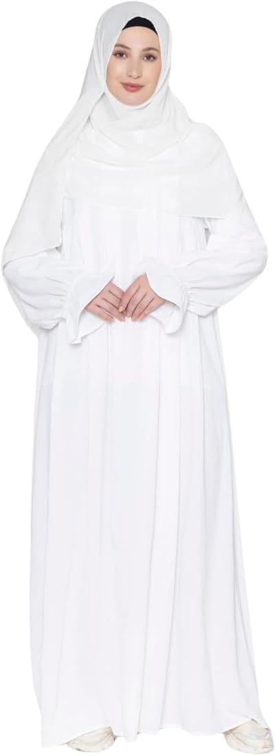 Pleated White Abaya - With Hijab-Small
