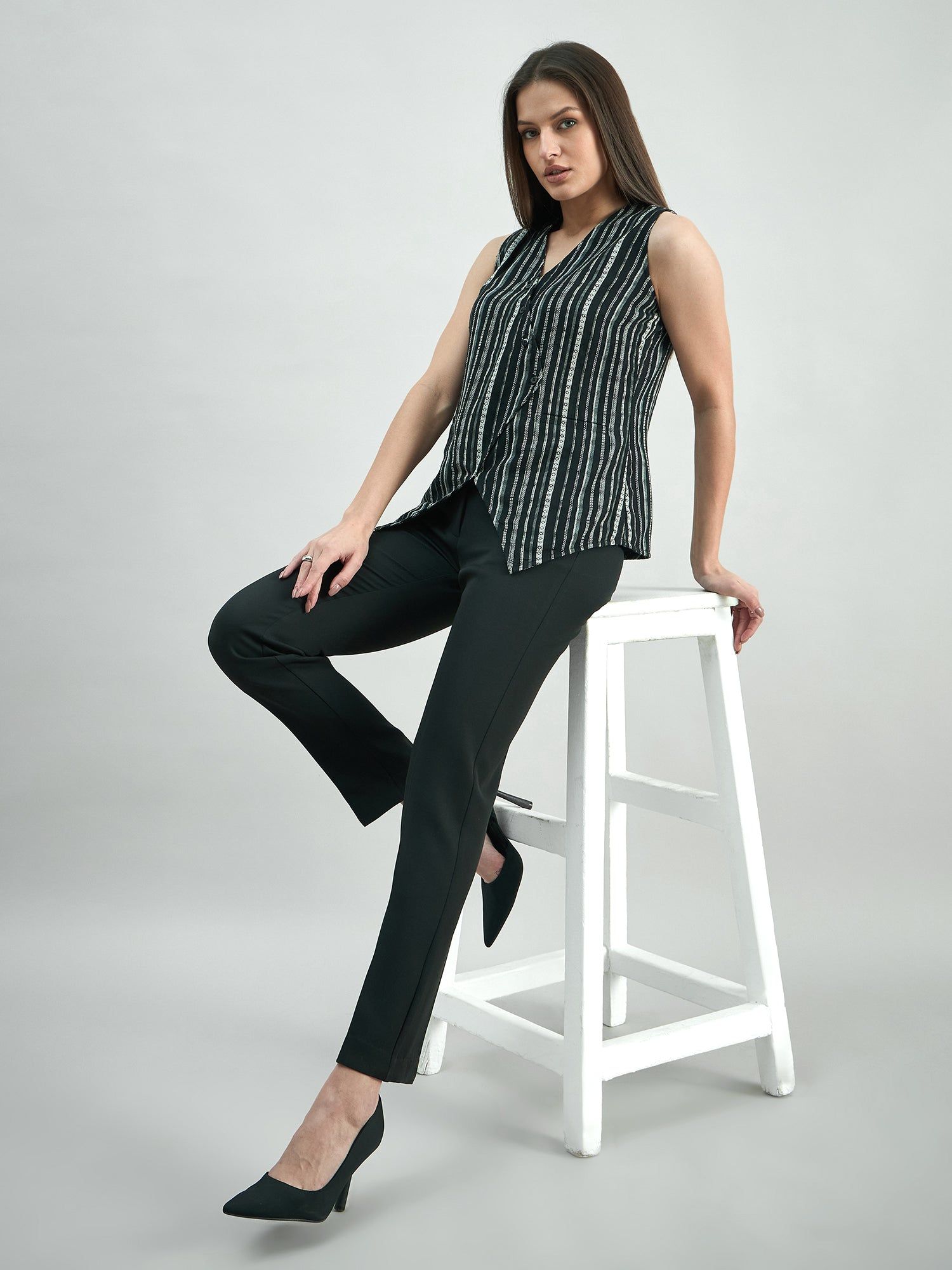 Asymmetric Cotton-Lycra Woven Black & White Striped Vest Top-XS