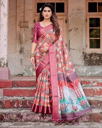 Maroon Tussar Silk Saree with Vibrant Geometric Tile Print and Zari Paisley Border-Regular