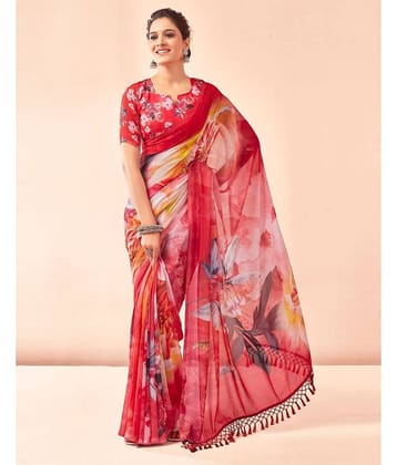 Samah Georgette Printed Saree With Unstitched Blouse Piece ( Blue )