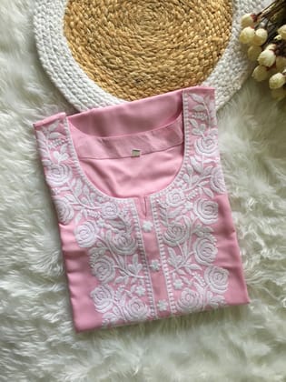 Baby Pink - Rose Embroidery Design Kurti with Pant  - Cord Set-44 - XXL