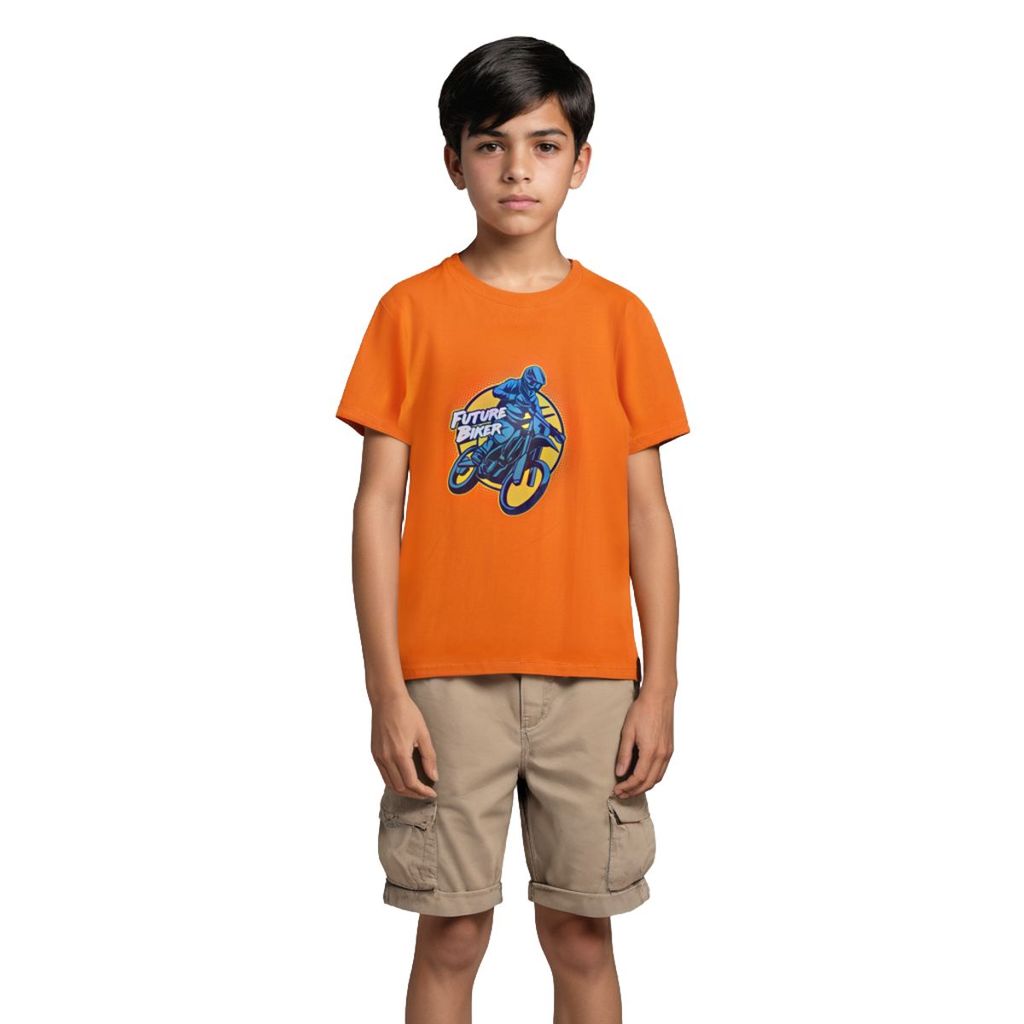 Stylish Kids Boys T shirt Cotton Scarlet Ibis Orange Future Biker 2025 at ShopCircuit | ONDC