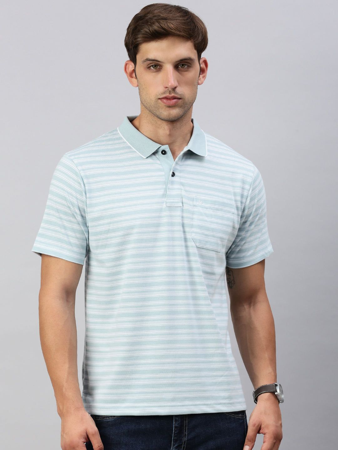 Classic Polo Men's Half Sleeve Lt.Green/White Polo Neck Authentic Fit Striped T-Shirt | FEEDERS - 261 A AF P