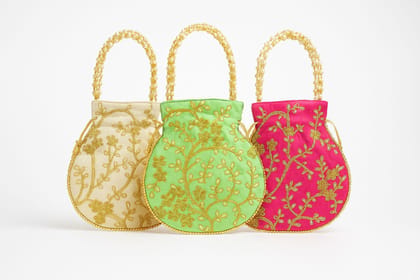 Embroidered Potli Bag for Festivals & Weddings | Ethnic Drawstring Gift Pouch for Women | Floral Design with Golden Cord