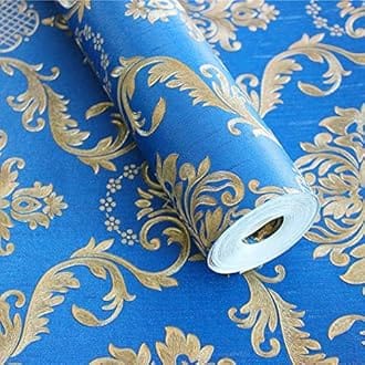 Eurotex Wall Paper for Wall Decor, Non Adhesive Wallpaper for Walls Living Room, Bedroom (53 x 1000 cm, Roll 57sqft, Dark Blue Damask Design)