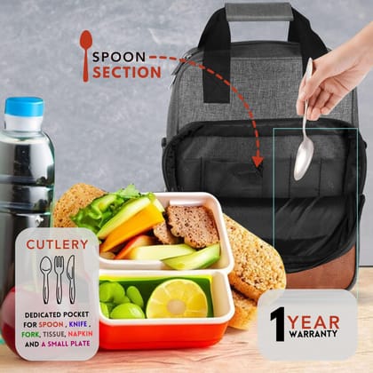 Insulated Lunch Bag | Large Space Fits 2 Lunch Boxes & 1Ltr Water Bottle, Front Cutlery Compartment (Grey & Tan Color) TB14