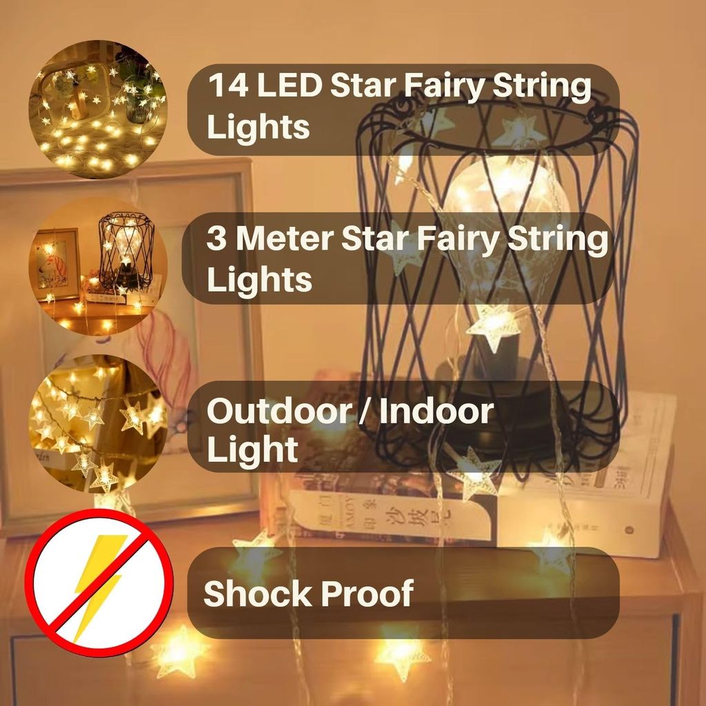 Mini Star Fairy String Lights β 14 LED, 3 Meter, Warm White Decorative LED Lights for Bedroom, Home, Garden, Diwali, Christmas, Wedding & Party Decoration