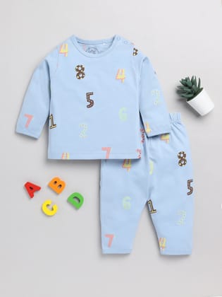 Numbers Print Blue Cotton Full Sleeve Nightwear Set-3-6 m