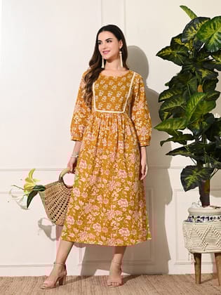 Flowery Block dress-S / Mustard