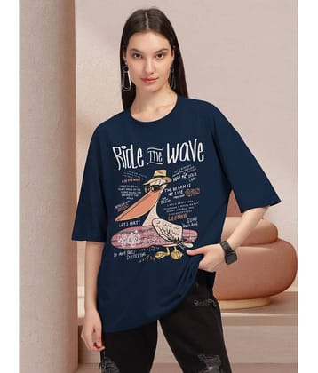 HELLCAT Women Cotton Blend Printed Oversized Fit Round Neck T-Shirt ( Navy Blue )