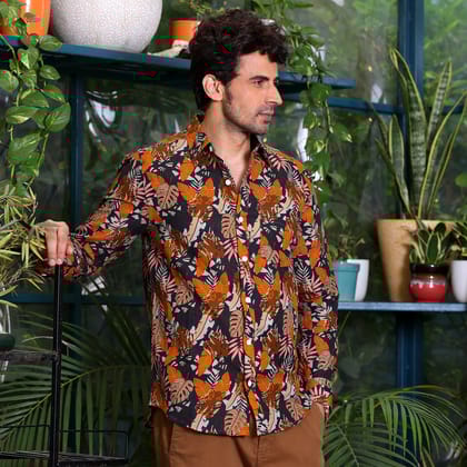 Philodendron Selloum Plant Brown Casual Pure Linen Full Shirt (Size - S) by BLUE EAGLE Philodendron Selloum Plant Brown Casual Pure Linen Full Shirt (Size - S) by BLUE EAGLE