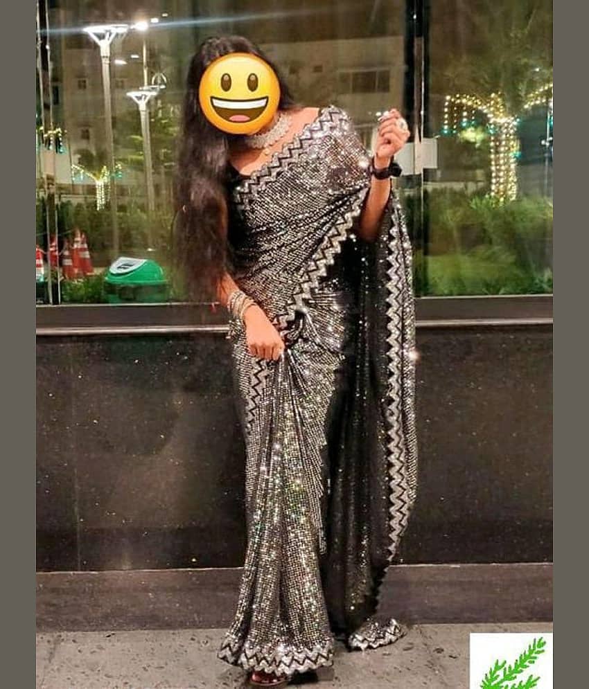 Lady Shopi Silk Embellished Saree With Unstitched Blouse Piece ( Black )
