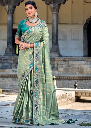 Rama Green Woven Banarasi Designer Silk Saree With Embroidered Blouse