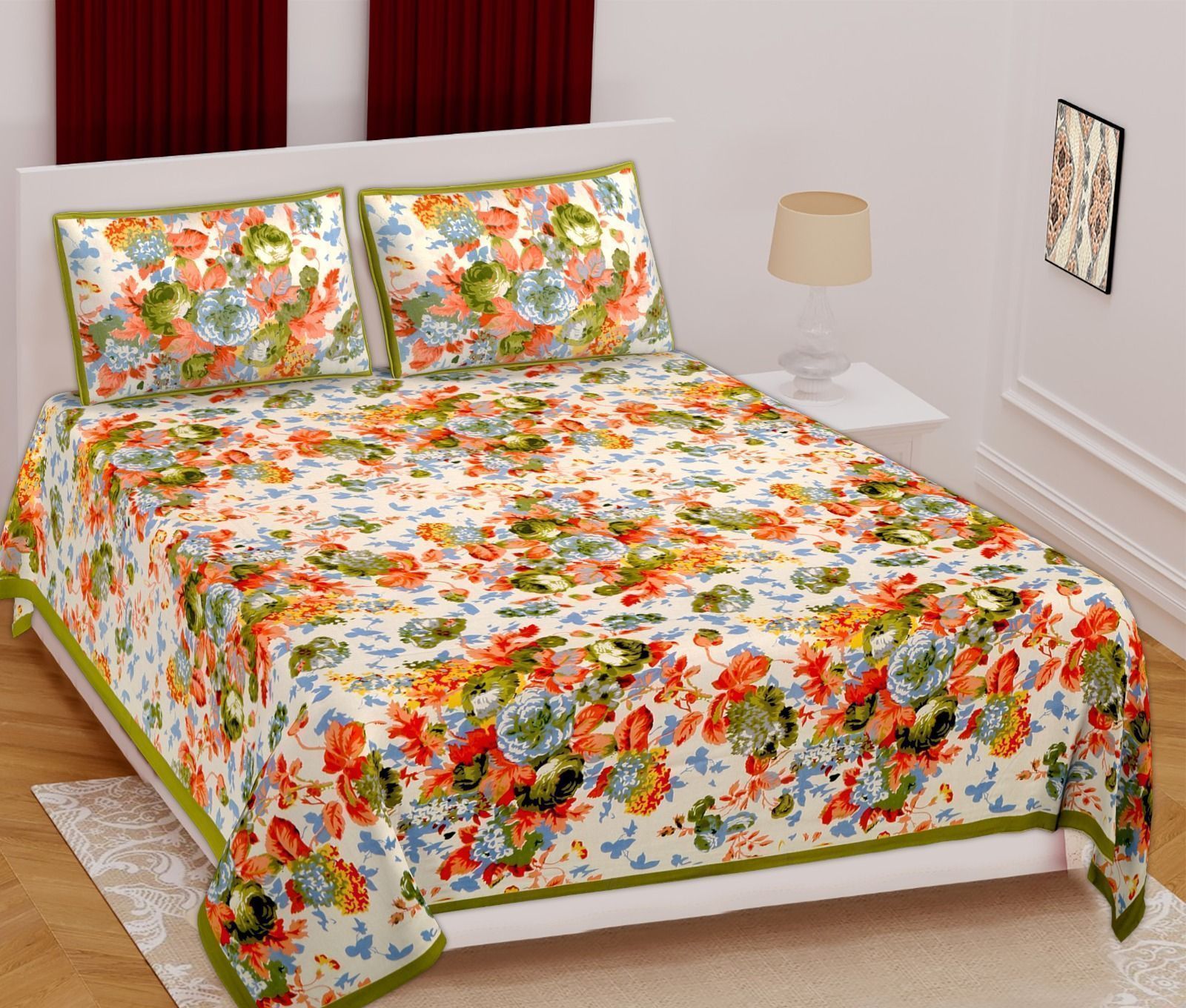 3001-Hometrade India-Standard King Size (90*108 Inches)-Pure Cotton Jaipuri Double Bedsheet With Matching Pillow Cover