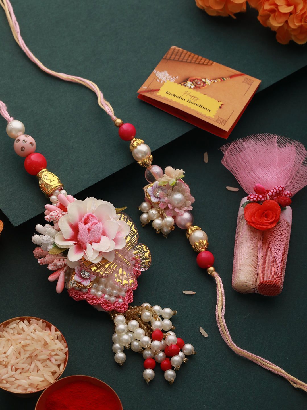 Set of 2 Pearls & Pink Flower Beaded Handcrafted Rahi Set with Lumba