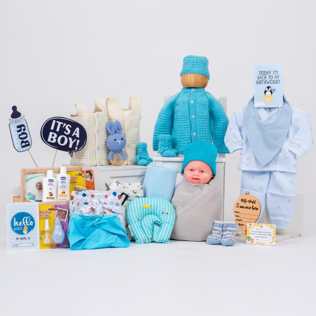 The Baby First Box Newborn Baby Essential Kit - 25 Items | Winter Kit (Boys)