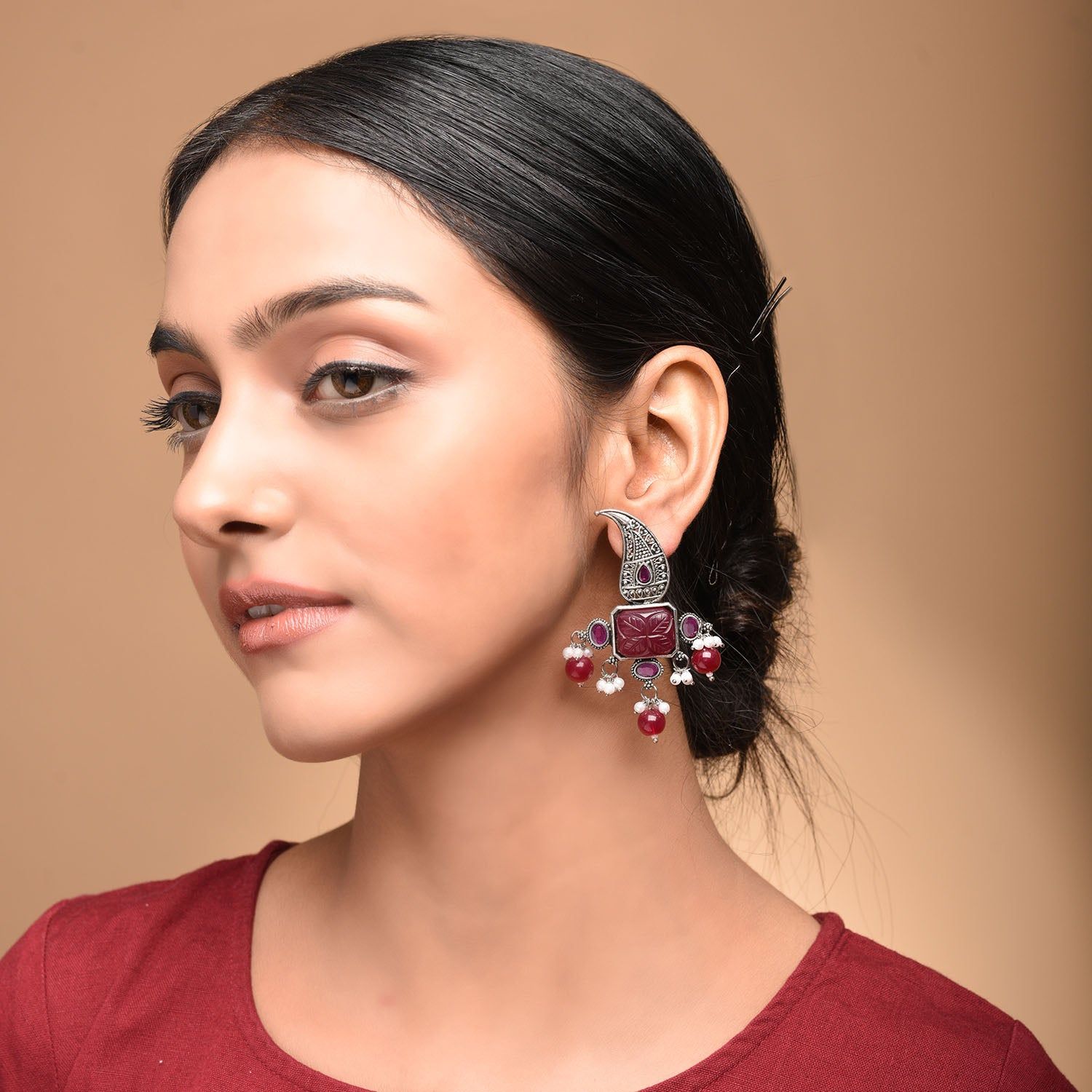 Yaami Silver Oxidised Earrings-Ruby