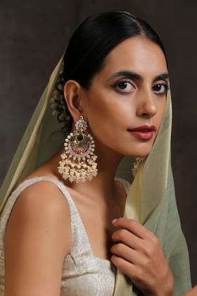 Sarehi Multicolour Gold Plated Kundan Chandbali Earrings-Kundan