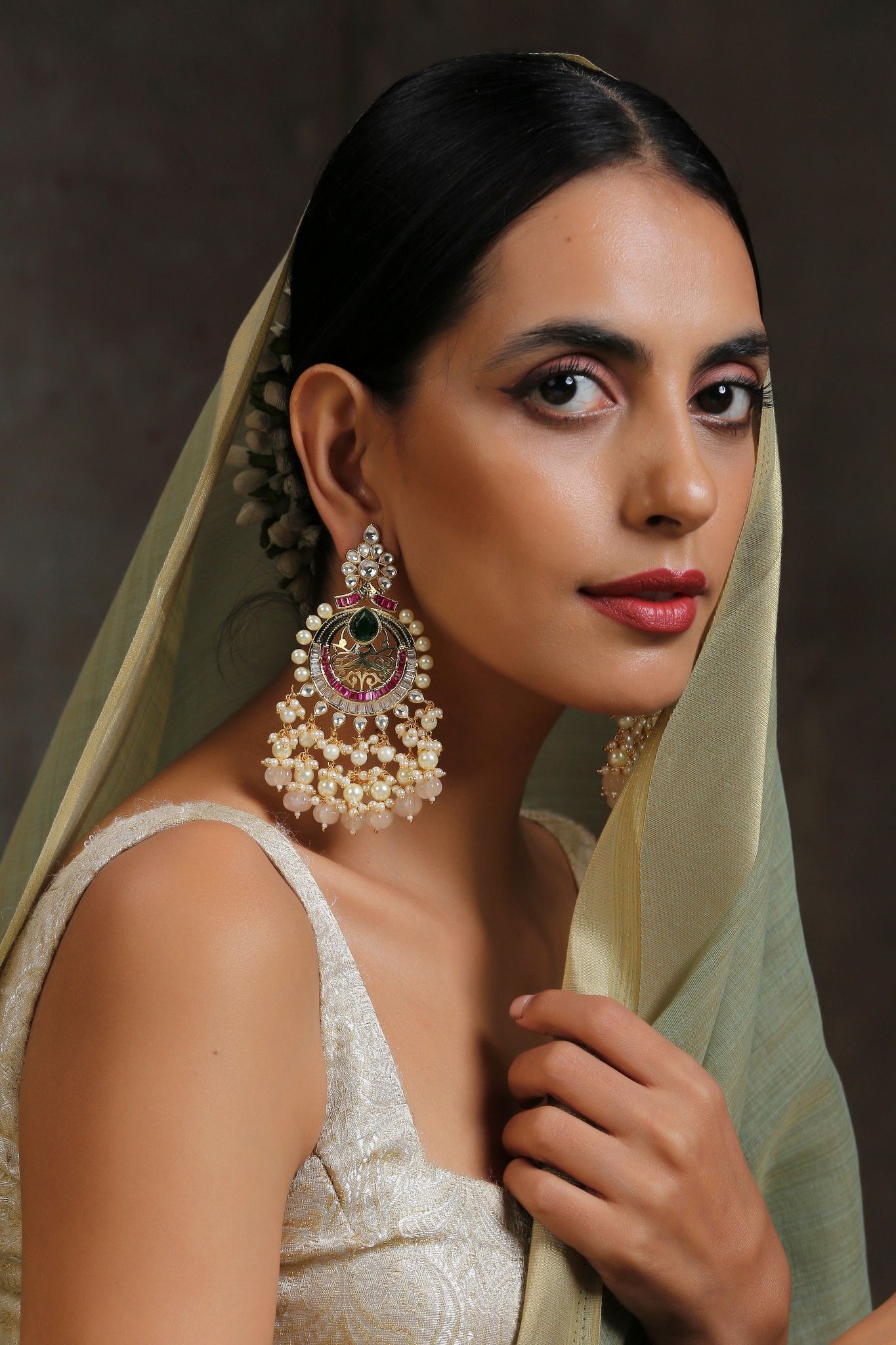Sarehi Multicolour Gold Plated Kundan Chandbali Earrings-Kundan
