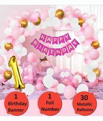 Happy Birthday Banner (Pink) + 30 Metallic Balloon(Pink,White,Gold) + 1 Number Foil(Gold) for happy birthday decoration item, birthday decoration kit, birthday balloon decoration combo for Boys, Girls, Kids, husband and Wife.