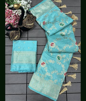 fab woven Kanjivaram Silk Woven Saree With Unstitched Blouse Piece ( Turquoise )