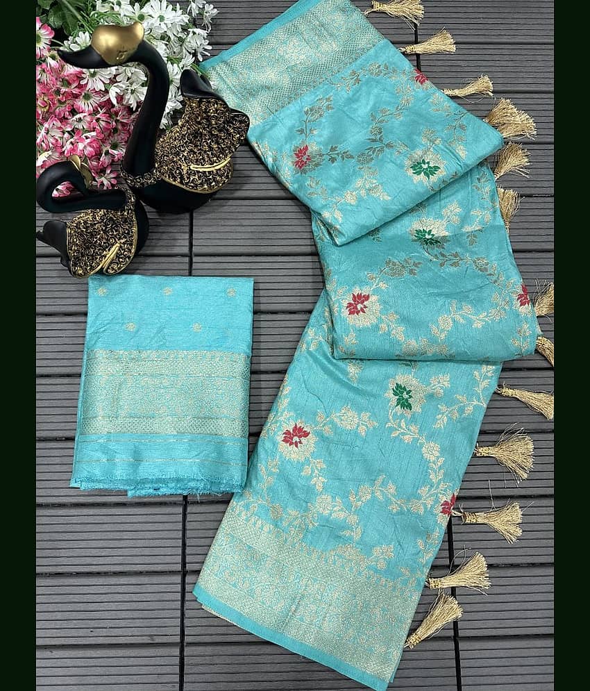 fab woven Kanjivaram Silk Woven Saree With Unstitched Blouse Piece ( Turquoise )