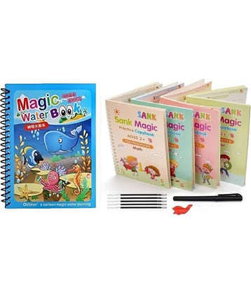 ( Pack Of 2 ) Sank Magic Practice Copybook, (4 Books + 1 Pen + 10 Refill ) & Magic Water Quick Dry Book Water Coloring Book Doodle with Magic Pen Painting Board By Vinay Book Store
