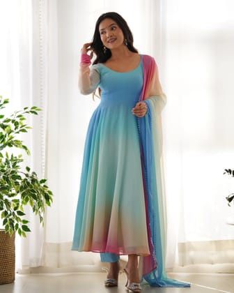 This Colorful Lightweight & Fresh Look Outfit - Pure Soft Fox Georgette Fully Flared Anarkali with Dupatta Set and Pants, Ready to Wear - Perfect for Upcoming Festivities and Weddings-xs