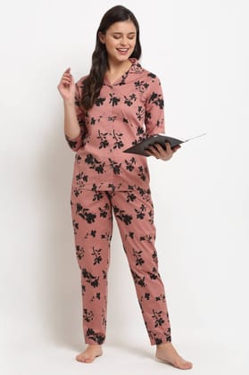 Rust Color Floral Printed Rayon Night suit For Women-s