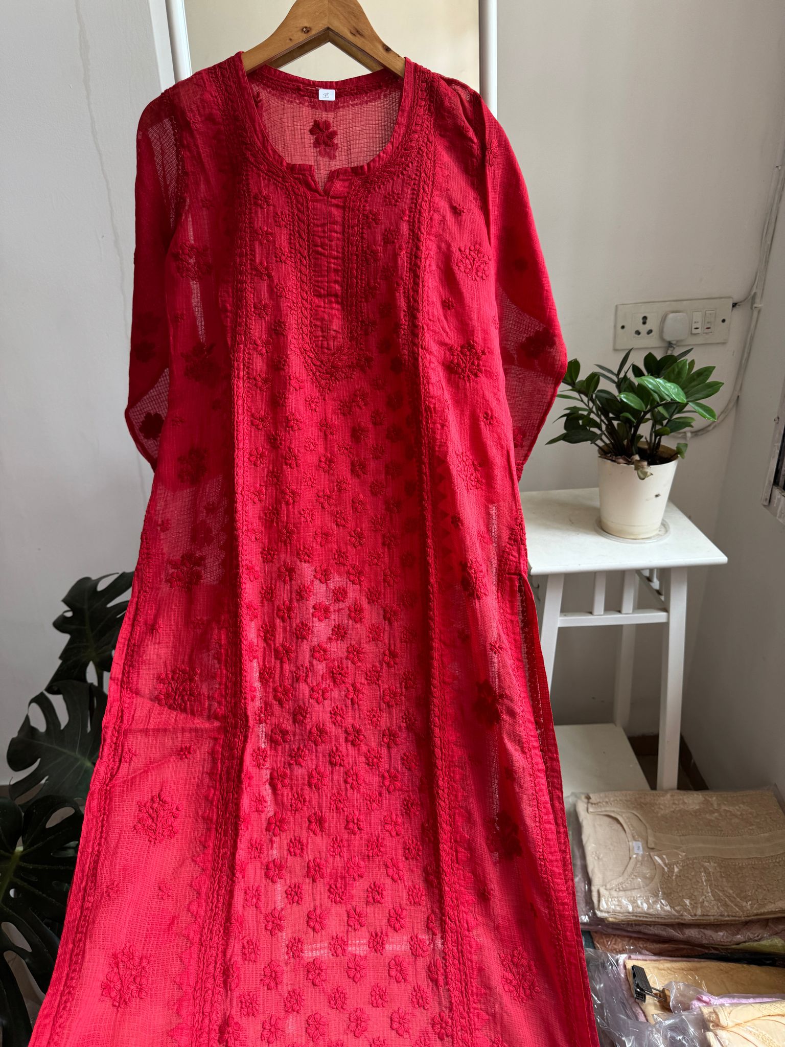 Kota Soft Cotton Chikankari Kurti - Red-Red / cotton / S