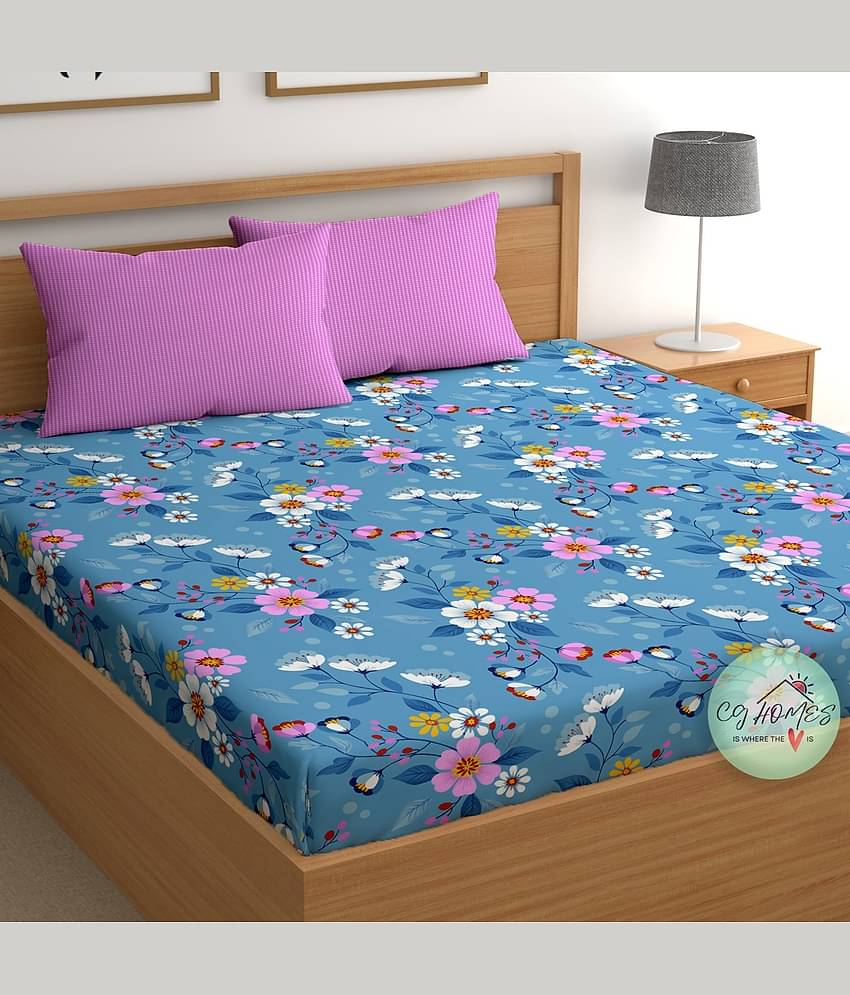 CG HOMES Cotton 1 Double Bedsheet with 2 Pillow Covers ( Blue )