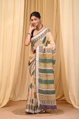 HAND BLOCK PRINTED COTTON LINEN SAREE WITH BLOUSE