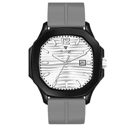 Thynk Grey Stylish Men's Analog Watch with Black Dial & Bold Grey Silicone Strap | Modern Casual Wristwatch with Date Display