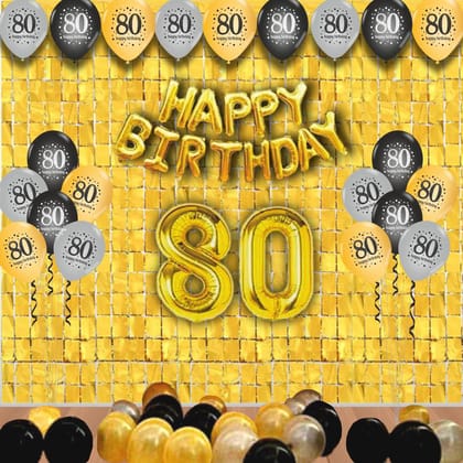 The Magic Balloons- Happy 80th Birthday decoration kit combo- 46 pcs Black Gold & silver 30 pcs rubber balloons, Happy Birthday foil banner, 2pcs Golden foil Curtain
