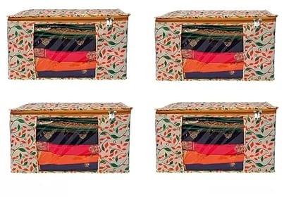 Bindian Multipurpose Saree Cover for Wardrobe Storage | Premium Non-Woven Fabric Cloth Organizer Box with Transparent Window & Zipper | Ideal for Storing Sarees & More (Beige, Pack of 4)