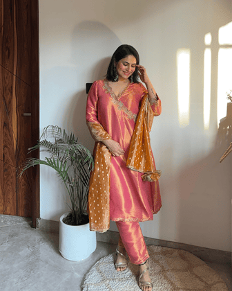 Rosy Zari Tissue Angrakha with Narrow Pants and Dupatta - Set of 3-XXS / XXS